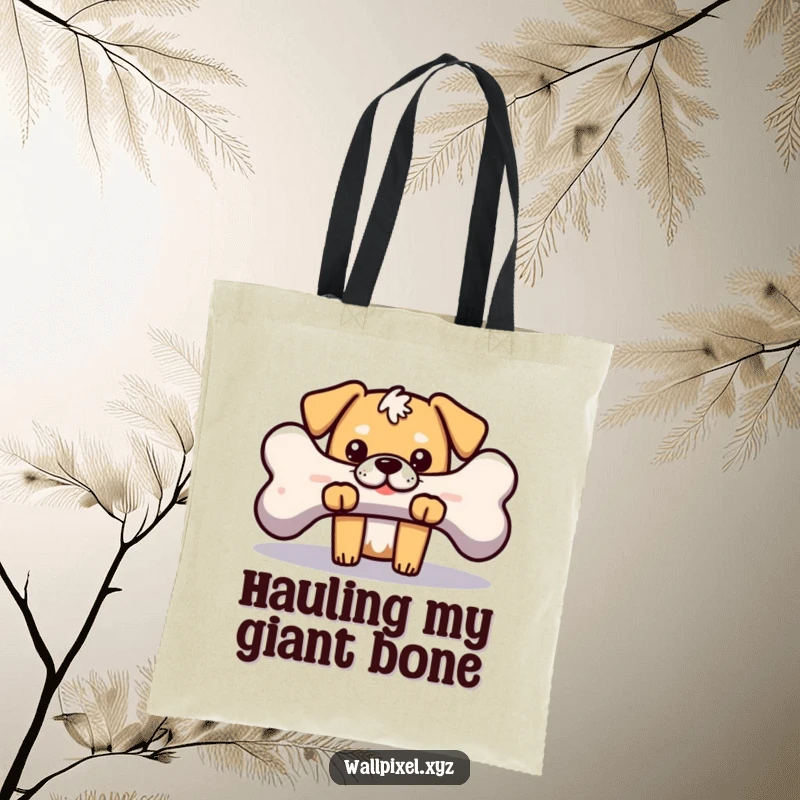 Funny tote bag featuring a blocky pixelated dog peeking from behind a pixelated bone, perfect for dog lovers and retro gaming fans.