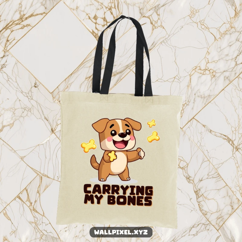Funny Pixel Dog Tote Bag: A blocky, retro dog character happily juggling luminous pixelated bones, adding a touch of gamer fun.