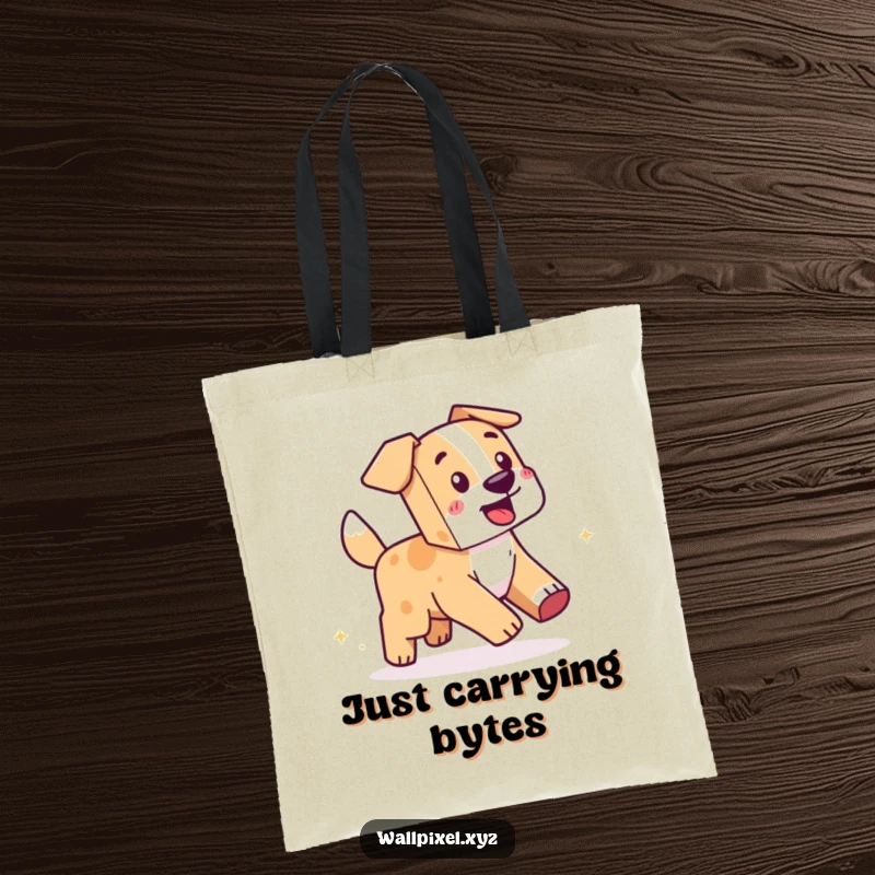Funny Pixel Dog Tote Bag: A durable tote bag with a blocky dog chasing its own sparkling pixel tail.