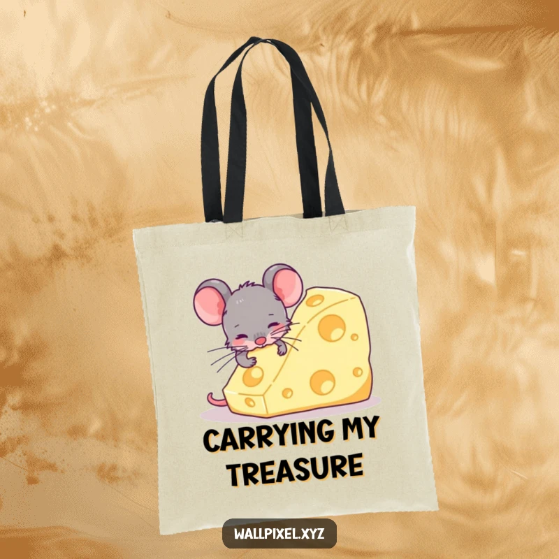 Funny tote bag illustrated with a retro pixelated mouse determined to eat a huge, blocky cheese, highlighting a humorous gaming-inspired theme.