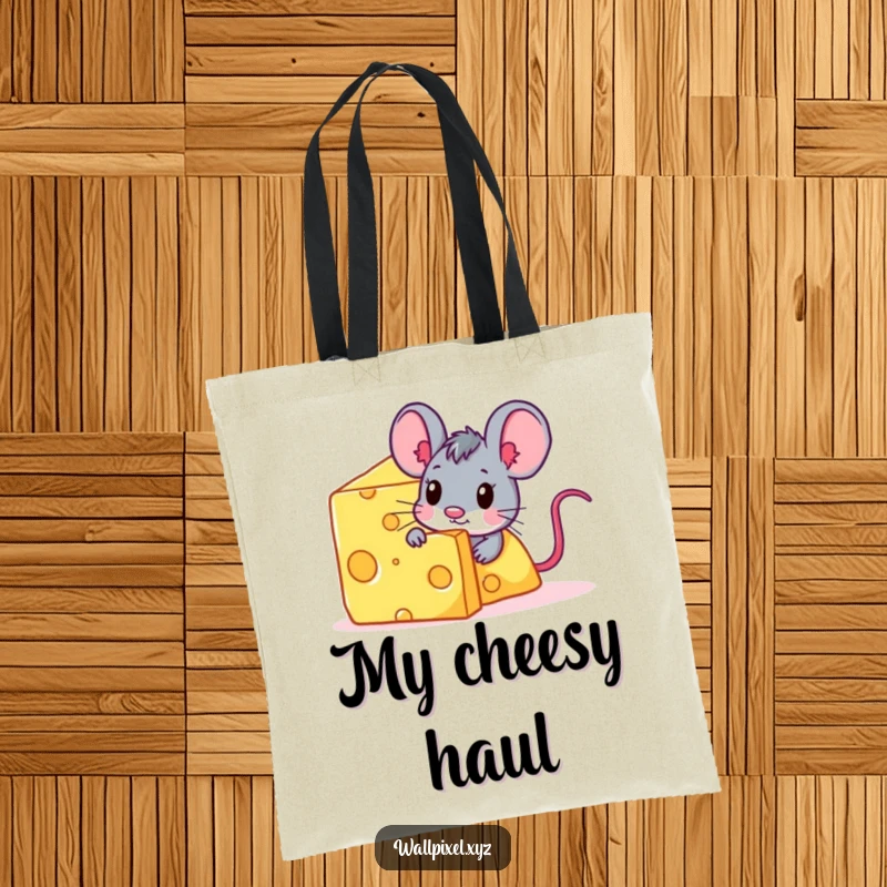Funny pixelated mouse character peeking from behind a huge digital cheese block on a tote bag.