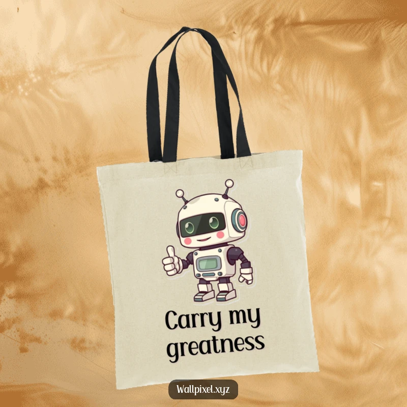 Funny tote bag featuring a pixel robot giving a thumbs up with its blocky hand, practical and cheerful accessory.