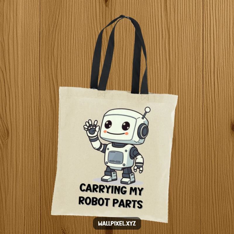 Funny tote bag featuring a smiling pixelated robot waving with a single digital arm, perfect for retro sci-fi fans and tech enthusiasts.