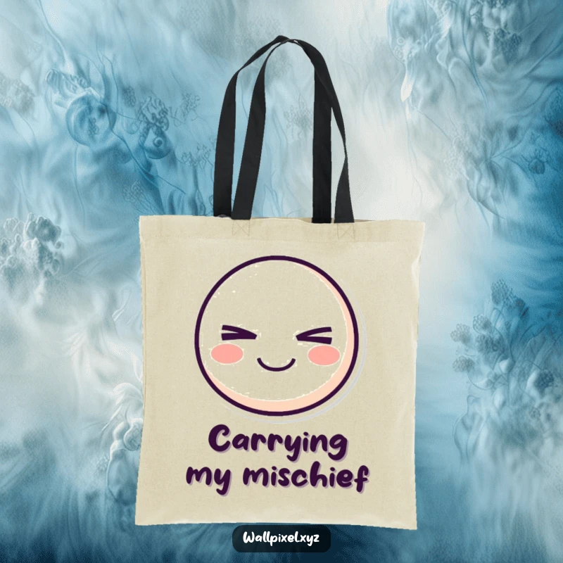 Funny pixel smiley face tote bag featuring a retro character winking mischievously, ideal for carrying essentials with playful charm.