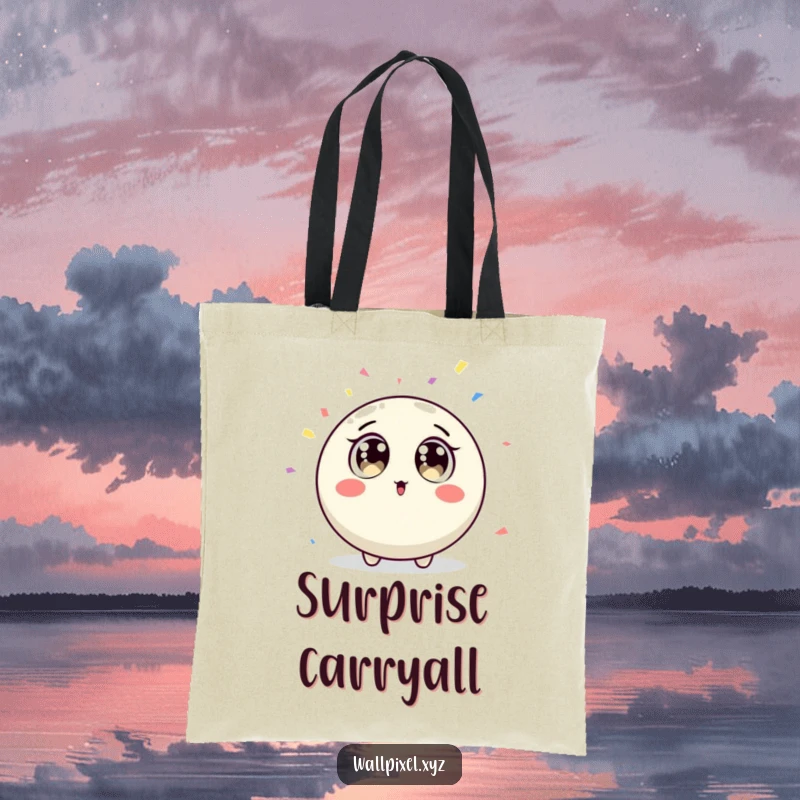 Funny round pixel character with big surprised eyes looking at falling confetti on a tote bag.