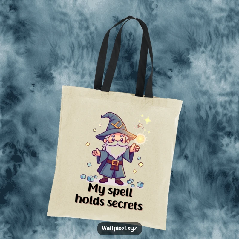 Funny pixel wizard tote bag featuring a small wizard casting a spell, sparkling cube shower, retro accessory.