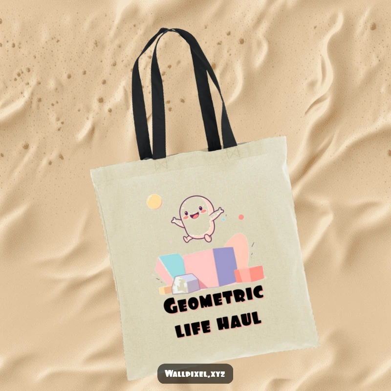 Funny smiling pixel figure bouncing on abstract geometric shapes on a reusable tote bag.