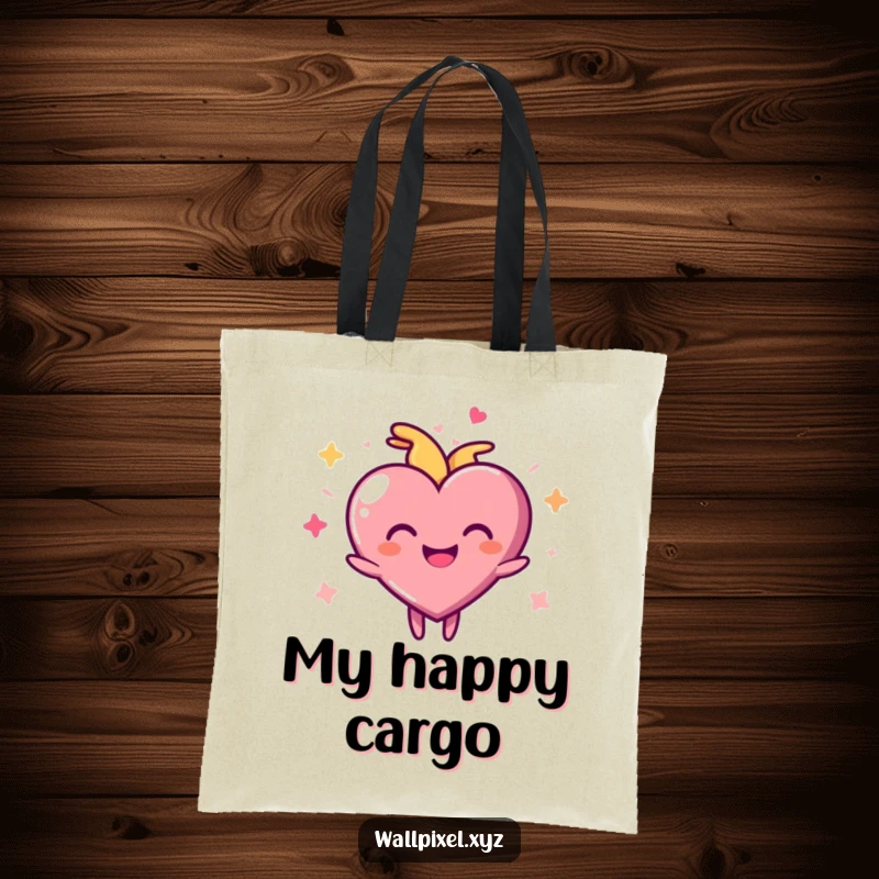 Funny pixel heart tote bag featuring a joyful character pulsing rhythmically, ideal for carrying essentials with pixelated love.